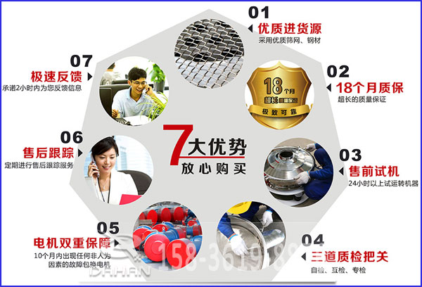 大漢食品振動篩的7大優(yōu)勢：優(yōu)質(zhì)進(jìn)貨源，售后跟蹤，售前試機(jī)等。