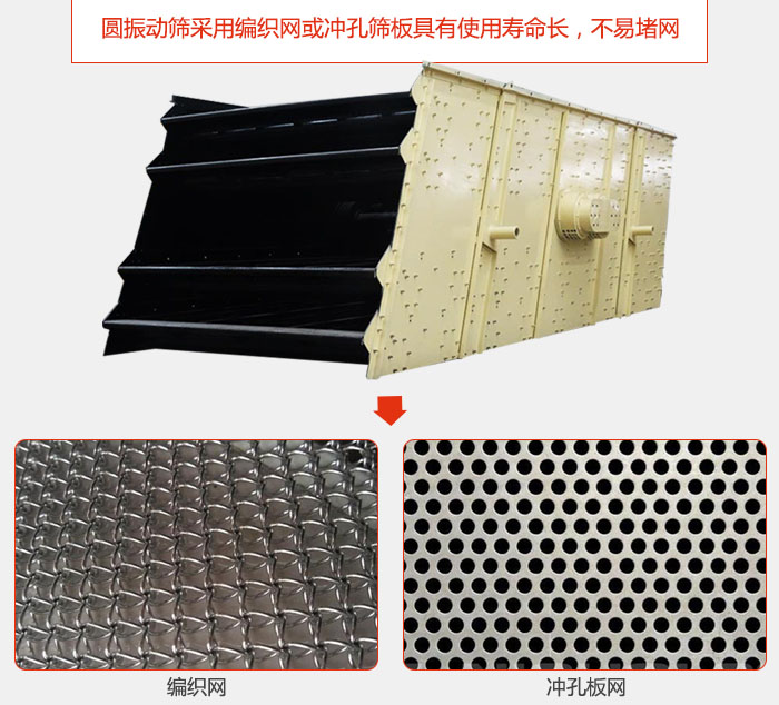 圓振動篩采用編織網(wǎng)或沖孔篩板具有使用壽命長，不易堵網(wǎng)。